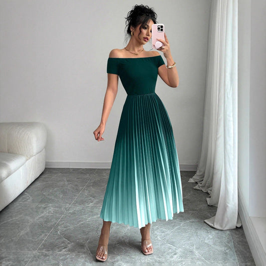 Elegant Off-shoulder Pleated Gradient-color Bodycon Dress For Women