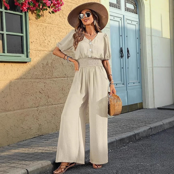 Womens Solid-Color Short-Sleeve Lapel Waist-Cinched Jumpsuit