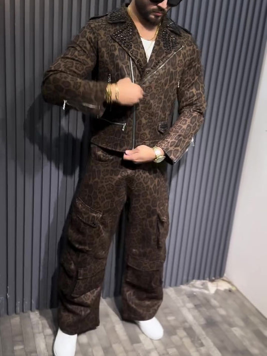 Brown Leopard Print Biker Jacket & Cargo Pants Set - Women's Two-Piece Outfit