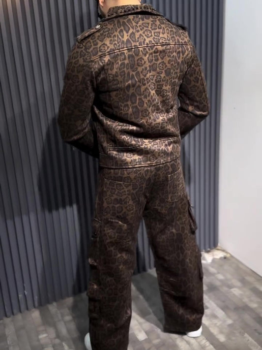 Brown Leopard Print Biker Jacket & Cargo Pants Set - Women's Two-Piece Outfit