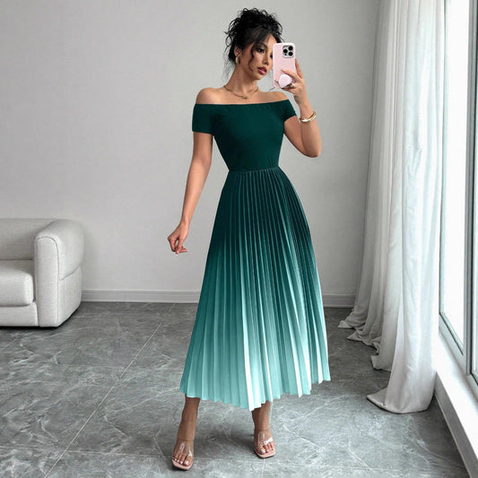 Elegant Off-shoulder Pleated Gradient-color Bodycon Dress For Women